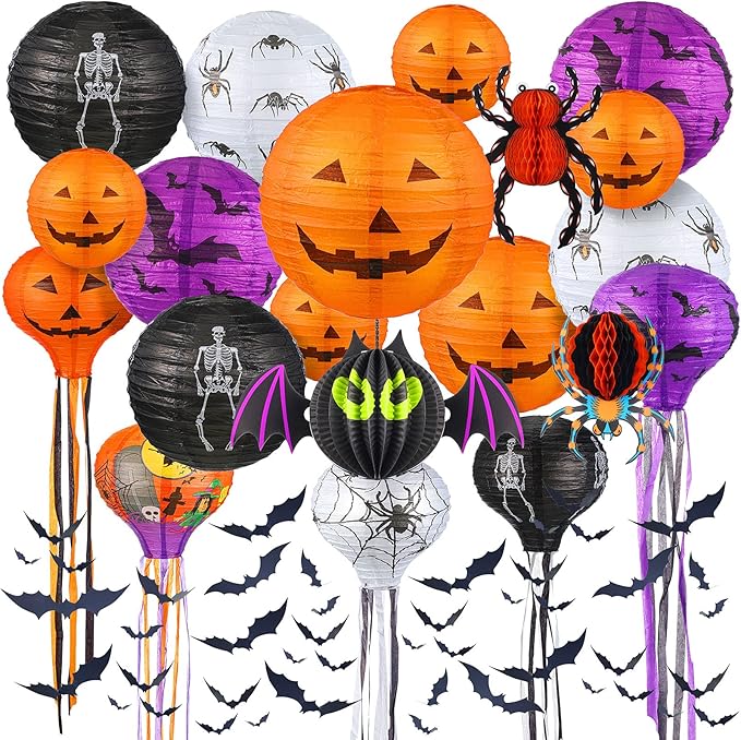 48 Pieces Halloween Decorations Paper Lanterns Pumpkin Skeleton Paper Lanterns 3D Bat Wall Stickers Spider Wall Hanging for Halloween Party Garden Bedroom Cobwebs Indoor Outdoor, 12 Inch and 8 Inch-VerdiqueGarden