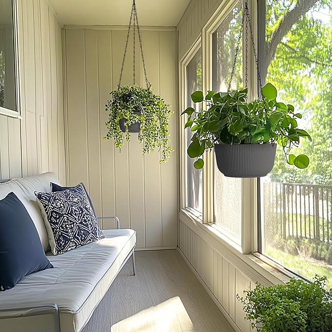 T4U 8 Inch Hanging Planters for Indoor Outdoor Plants, Self Watering Hanging Pot Pack of 2, Hanging Pots with Drainage Hole & Plug & Chain with 3 Hooks for Garden Home Decor, Grey-VerdiqueGarden