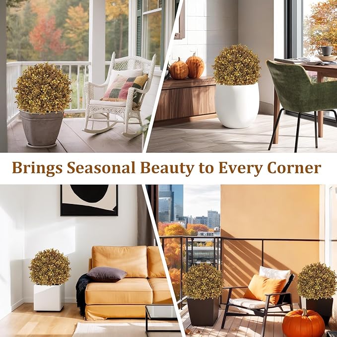 24" Tall Artificial Boxwood Ball Fall Topiary Trees Set of 2, UV Resistant Large Faux Plants Outdoor, 2ft Fake Bushes and Shrubs Look Real with Stake for Front Porch Outside Planter Backyard Decor-VerdiqueGarden