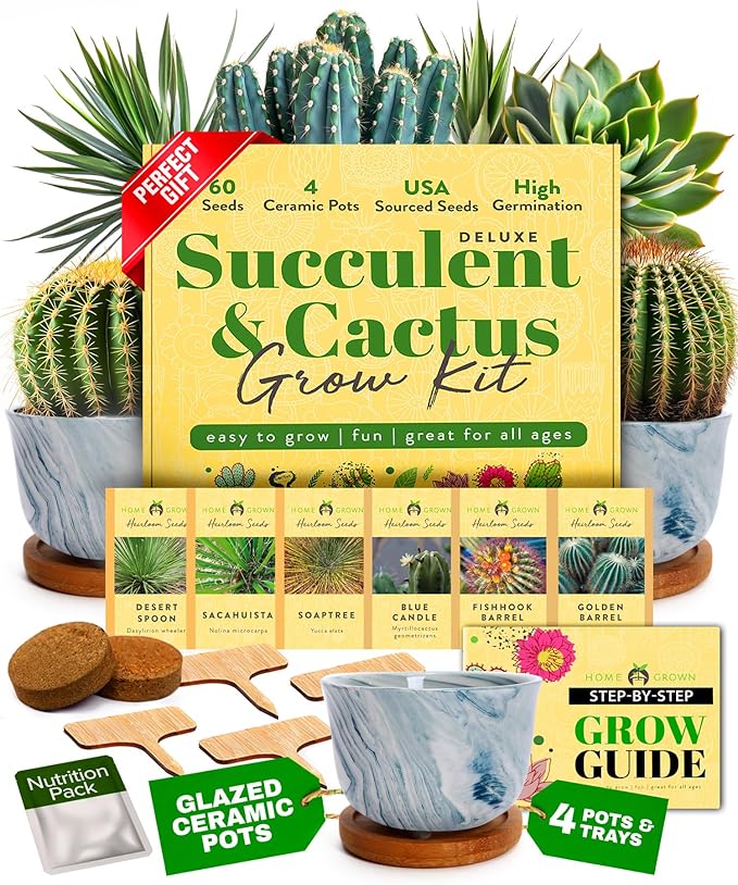 HOME GROWN Deluxe Succulent & Cactus Seed Grow Kit - Complete Indoor Plant Kit with Cactus Seeds, Potting Soil, Ceramic Pots, Drip Trays, and Grow Guide for Plant Enthusiasts-VerdiqueGarden