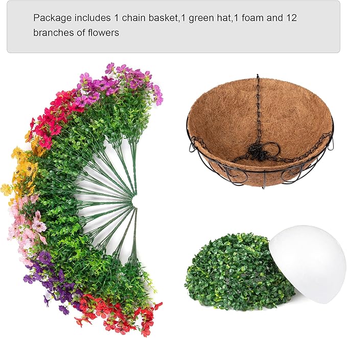 Artificial Fake Hanging Plants Flowers with Basket Outdoor Decor Faux Silk Dasiy Flower Arrangements in Pot Planter for Porch Home Indoor Patio Garden Yard Decoration-VerdiqueGarden