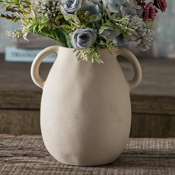 Off-White Ceramic Vase with 2 Handles, Sandstone Texture for Modern Farmhouse Decor, Rustic Pottery, Decorative Flower Vase, Clay Small Vase, Centerpiece for Dining Table - 7 Inch Tall-VerdiqueGarden