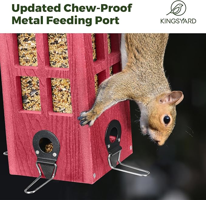 Kingsyard Upgraded Rainproof Bird Feeder for Outdoor Hanging - Metal Feeding Port, Recycled Plastic Wild Bird Feeder with Metal Mesh Tray for Goldfinch Small Bird, Garden Yard Decoration, Red-VerdiqueGarden