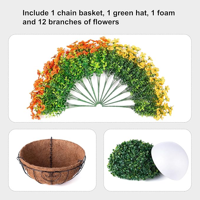 Artificial Fake Hanging Mums Plants Flowers Basket for Fall Autumn Outdoor Decor, Faux Silk Orange Dasiy Flower Look Real UV Resistant for Outside Porch Home Patio Garden Decoration-VerdiqueGarden