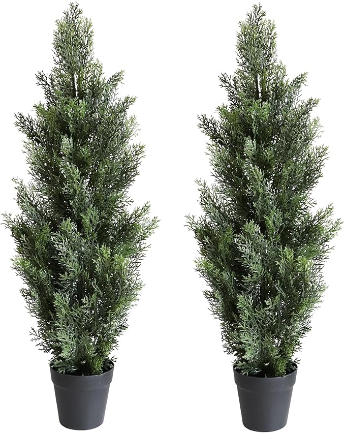 momoplant Artificial Cedar Topiary Trees 3 Ft Fake Cedar Shrubs Set of 2 Faux Cypress Potted Plants for Outdoor Indoor Decor-VerdiqueGarden