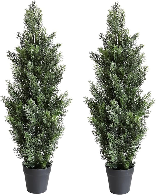 momoplant Artificial Cedar Topiary Trees 3 Ft Fake Cedar Shrubs Set of 2 Faux Cypress Potted Plants for Outdoor Indoor Decor-VerdiqueGarden