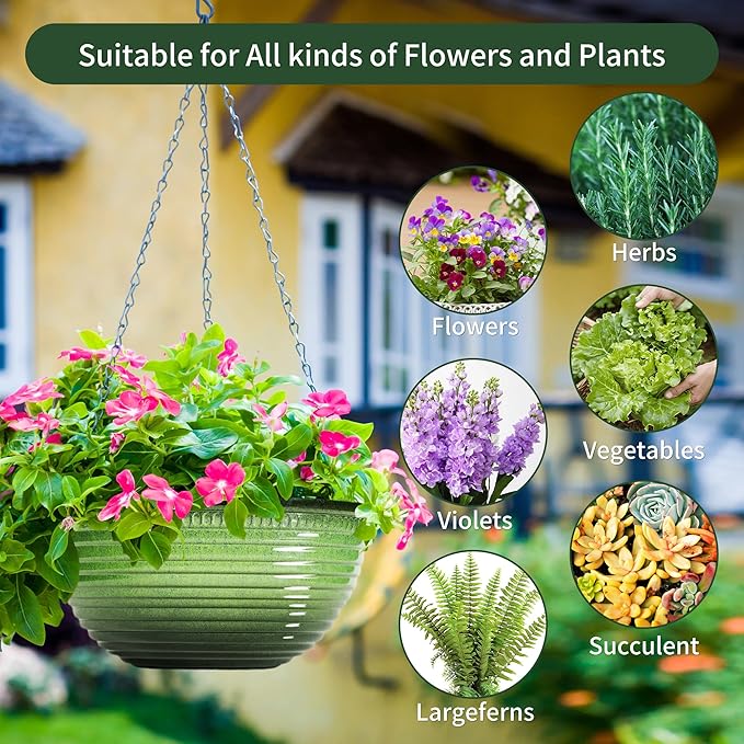 12 inch Hanging Planters for Indoor Outdoor Plants, 2 Pack Large Hanging Flower Pots with Drainage Holes and Chain, Glazed Hanging Baskets for Home Garden Decoration, Green-VerdiqueGarden