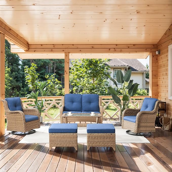 Wicker Outdoor Furniture Patio Furniture Set - 6 Piece Patio Conversation Set with Swivel Rocker Chairs, Loveseat Sofa, Ottomans and Coffee Table, Blue Cushion-VerdiqueGarden