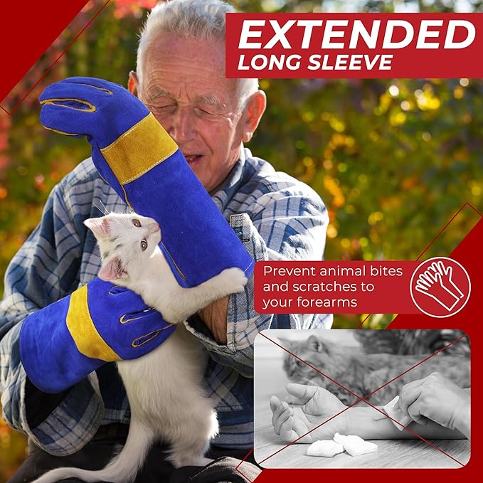 HANDLANDY Animal Handling Gloves, Falconry Cat Glove Bite Proof, Thorn Proof Rose Pruning Gardening Gauntlets (Royal blue, 14 Inches)-VerdiqueGarden