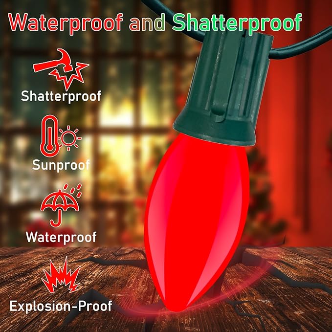 Red Green White LED Christmas Lights, 25FT Waterproof C9 Multicolor Outdoor With 26 Shatterproof Bulbs, Commercial Hanging for Roof Patio Balcony Party Xmas Decor-VerdiqueGarden