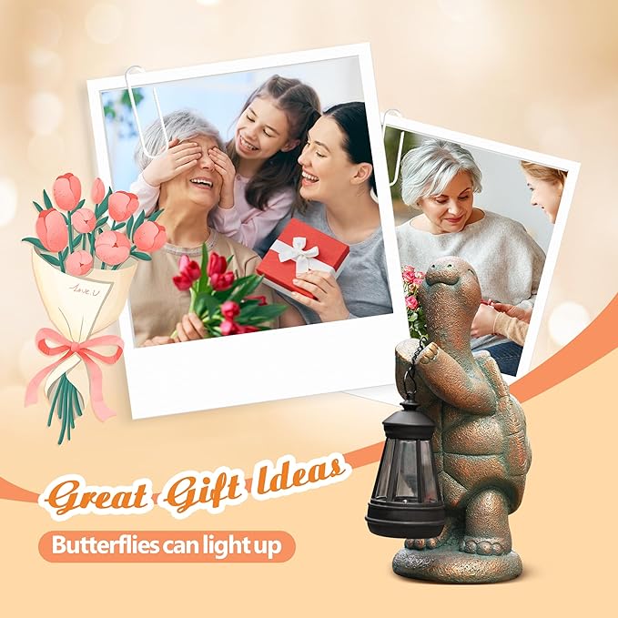 Turtle Solar Powered Outdoor Garden Statue, Resin Turtle Statue with Solar Light Lantern, Decorative Lawn, Yard Outdoor Turtle Decoration. Unique Home Decoration, Gifts for Women-VerdiqueGarden
