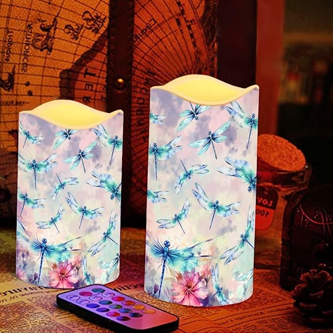 Ystardream Beautiful Dragonfly Flameless Candles Battery Operated with Timer, Remote Control, LED Flashing Candle Sets, Warm Color Flickering Candles Light for Party Room Table Decor Set of 2-VerdiqueGarden