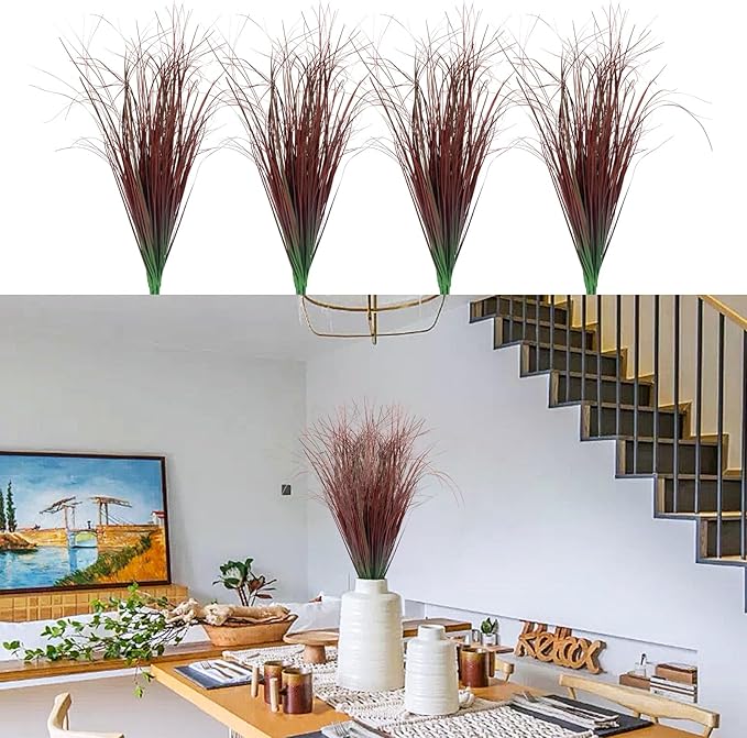 12Pcs Artificial Grass Plants, Faux Shrubs Wheat Grass, Artificial Tall Grasses Fake Plants for Outdoor Decor,Artificial Greenery Stems Weed for Room Indoor Home Decor（Red）-VerdiqueGarden