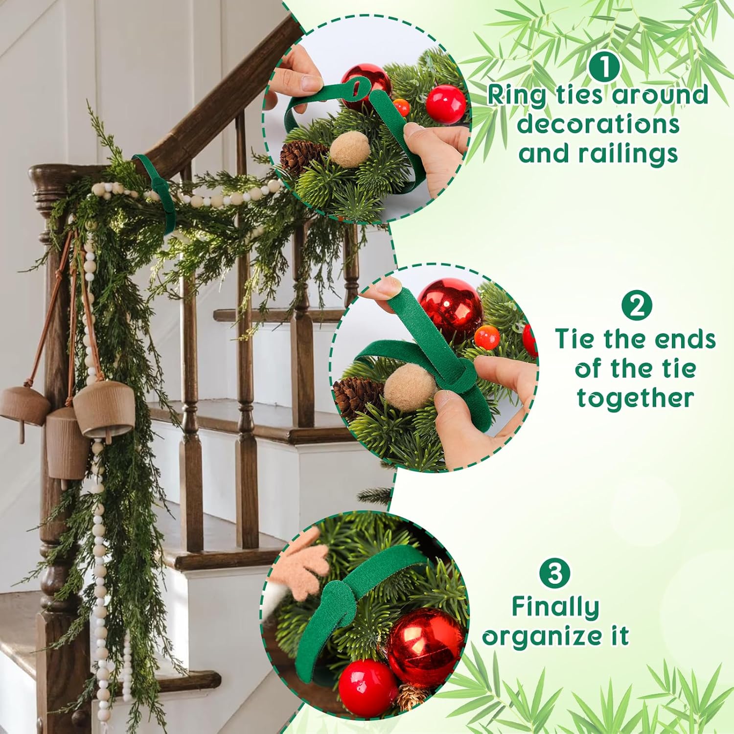 80 Pcs 16 Inch Christmas Garland Ties Green Adjustable Holiday Banister Ties Reusable Fastener Strap Nylon Garden Plant Cable Strap Christmas Tree Wreath Hook Loop Organizer for Home Office-VerdiqueGarden