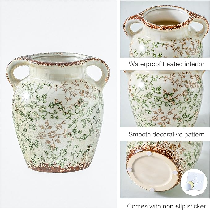 Enra Vintage vase,7.8 Inch Green and Beige Ceramic Decorative Flower vase, Chinoiserie Floral Vase,Large Rustic Vases for Home Decors, Living Room, Bookshelf, Office-VerdiqueGarden