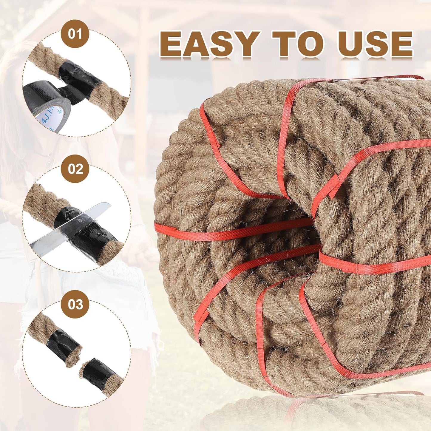 MECCANIXITY Jute Rope 0.9 Inch x 44ft, Thick Twine Rope Ropes Braided Jute Twine Natural Brown Burlap Cord String Heavy Twisted with Tapes for Decorative Crafts Railing Swing Tug of War-VerdiqueGarden