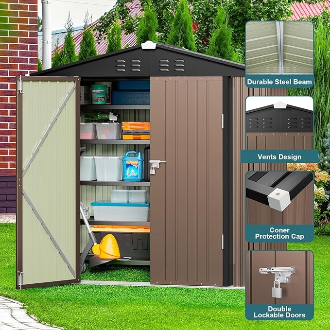 Gizoon Outdoor Storage Shed 6 x 4 FT, Galvanized Metal Garden Shed with Double Lockable Doors, Outdoor Storage Clearance for Backyard Patio Lawn-Light Brown-VerdiqueGarden