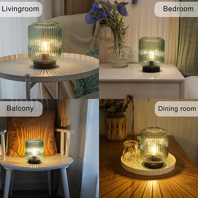 Battery Operated Lamp, Cordless Table Lamps for Home Decor, Battery Powered Nightlight with LED Bulb, Decorative Glass Beside Lamp for Bedroom Living Room-Green-VerdiqueGarden