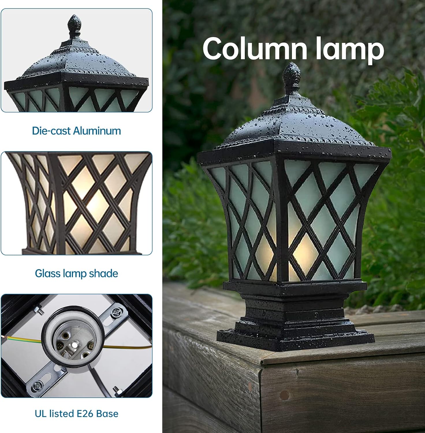 Outdoor Column Lights, 24.4″ Modern Column Lamp IP54 Waterproof Glass Post Light Outdoor E26 Aluminum Fence Post Light Fixtures for Villa Garden Park Lighting Black Pillar Lights-VerdiqueGarden