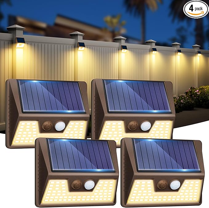 4 Pack Solar Fence Lights Waterproof, Motion Sensor Deck Outdoor, Warm White LED for Wall Yard Steps Stairs Garden - Brown-VerdiqueGarden