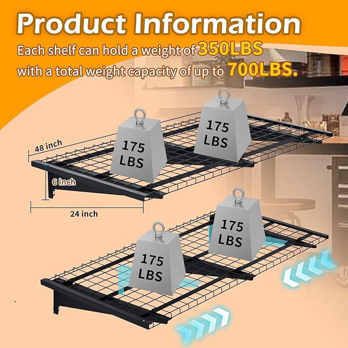 Garage Wall Shelving, 2-Pack 2 x 4ft Garage Storage Rack,Loads 700 lbs 24-inch-by-48-inch Heavy Duty Wall Shelves,24” x 48” Garage Wall Shelf,Black-VerdiqueGarden