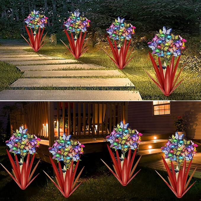 Homight Solar Metal Agave Butterfly Flower Stick Garden Sculpture - Outdoor Christmas Lights, Swaying Solar Lights Gift (2 PCS RED)-VerdiqueGarden