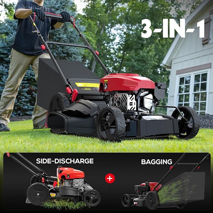 Gas Lawn Mower, 21" with 144cc 4-Cycle OHV Engine 3-in-1 Walk-Behind Push Lawn Mower (AV8621P1)-VerdiqueGarden