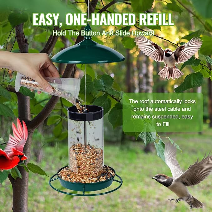 Metal Bird Feeder for Outside Hanging,Wild Bird Feeders for Cardinal, Large Roof and Tray - 6 Port-VerdiqueGarden