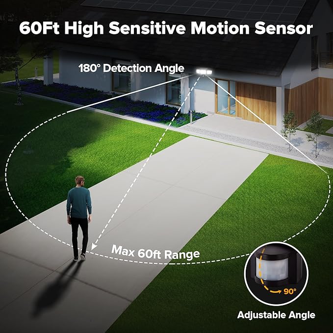 UME Solar Outdoor Lights 302 LED 3000LM, IP65 Waterproof Motion Sensor Outdoor Lights, 3 Heads Solar Security Flood Lights 270 Wide Lighting Angle with 3 Modes for Garden Patio Yard - 2 Pack-VerdiqueGarden