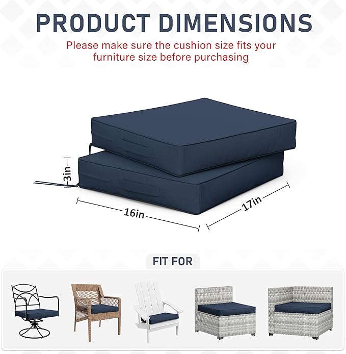 Patio Chair Cushions 17 X 16 X 3 Inch Waterproof Outdoor Seat Cushions for Patio Furniture, Outdoor Sofa Couch Pads with Ties & Handle, Set of 2, Navy Blue-VerdiqueGarden