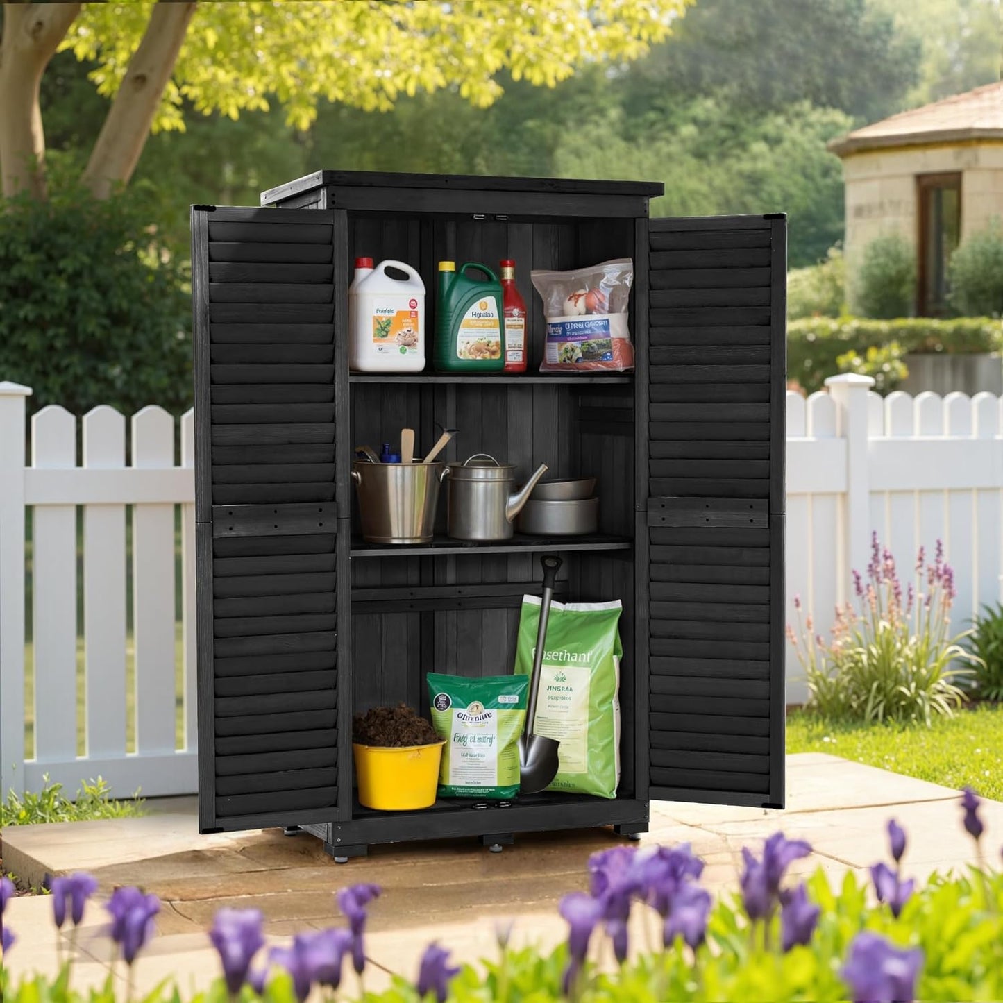 MCombo Outdoor Storage Cabinet, Garden Storage Shed, Outside Vertical Shed with Lockers, Outdoor 63 Inches Wood Tall Cabinet for Yard and Patio 0870 (Black)-VerdiqueGarden