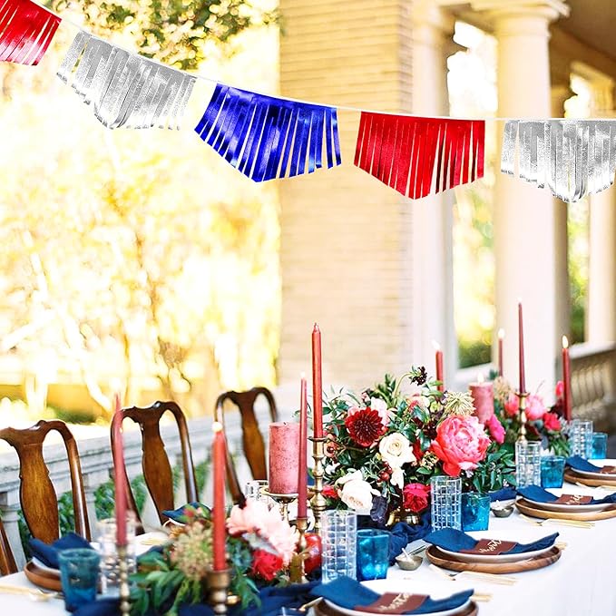 Blue Red Silver Tassel Banner Metallic Fabric Pennant Bunting Flag for 4th of July American USA National Day Patriotic Veterans Graduation Wedding Birthday Retirement Nautical Party Decorations-VerdiqueGarden
