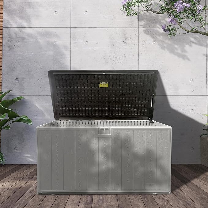 110 Pro Gallon Resin Deck Box, Waterproof Outdoor Storage Bin for Patio, Poolside, and Garden, Lockable & UV-Resistant, Ideal for Small Spaces, Coffee-VerdiqueGarden
