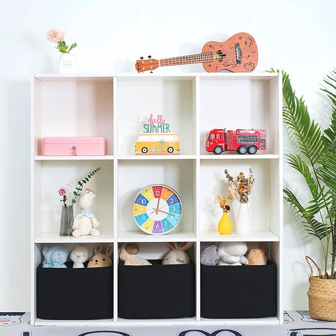 MINTWOOD Design Storage Basket for Shelves, Decorative Baskets for Organizing, Book Basket, Storage Cube Bin Box, Woven Closet Organizer, Pantry Closet and Shoe Basket, Full Black-VerdiqueGarden