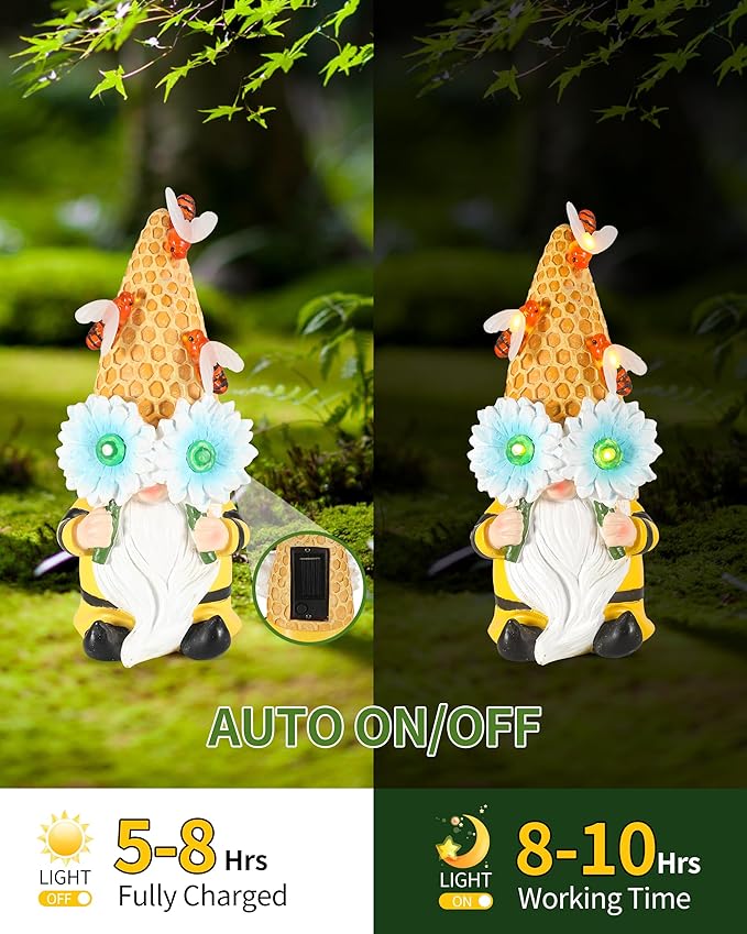 iStatue Garden Gnomes Outdoor Clearance with Solar Bee Lights - 9.5'' Resin Figurine Honeycomb Sunflower Spring Summer Decoration for Home Garden Decor Lawn Ornaments (Mr Bee Gnome)-VerdiqueGarden