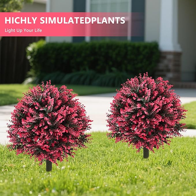28" Set of 2 Artificial Boxwood Topiary Ball Bush for Outdoor with Ground Spike, UV Resistant Faux Greenery Shrubs, Fake Rose&Green Boxwood Plants for Garden, Yard, Porch, Patio Decor-VerdiqueGarden