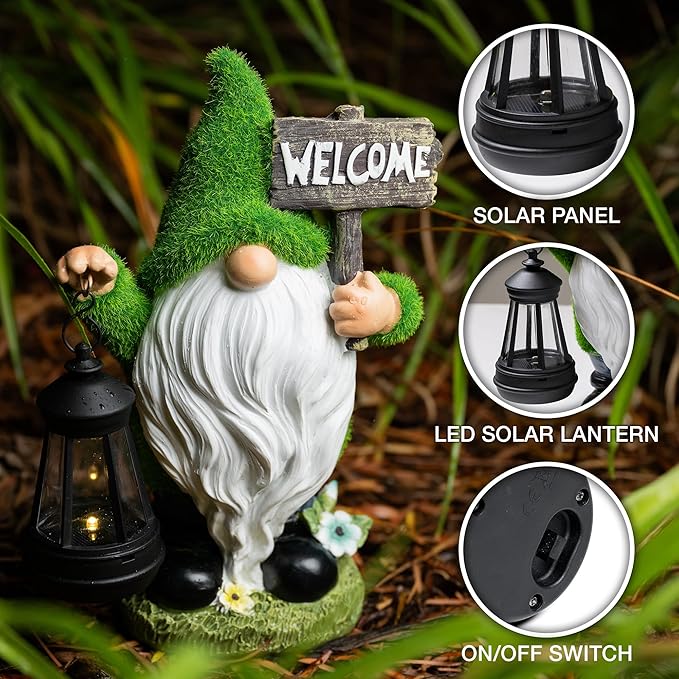 Garden Gnome Statue with Lantern - 11'' Spring Garden Gnomes Outdoor Christmas Decorations w/ Solar Light - Yard Gnomes Decorations - Vintage Solar Gnome, Housewarming Gifts for Women & Men-VerdiqueGarden