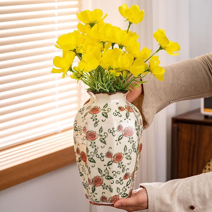 Green&Beige Vintage Octagonal Vase, Red Rose Chinoiserie Floral Vase, Farmhouse Antique Decorative Ceramic Flower Vases for Bouquet, Home Decor, Living Room, Bookshelf, Office, Tuscan Decor 9.1 Inch-VerdiqueGarden