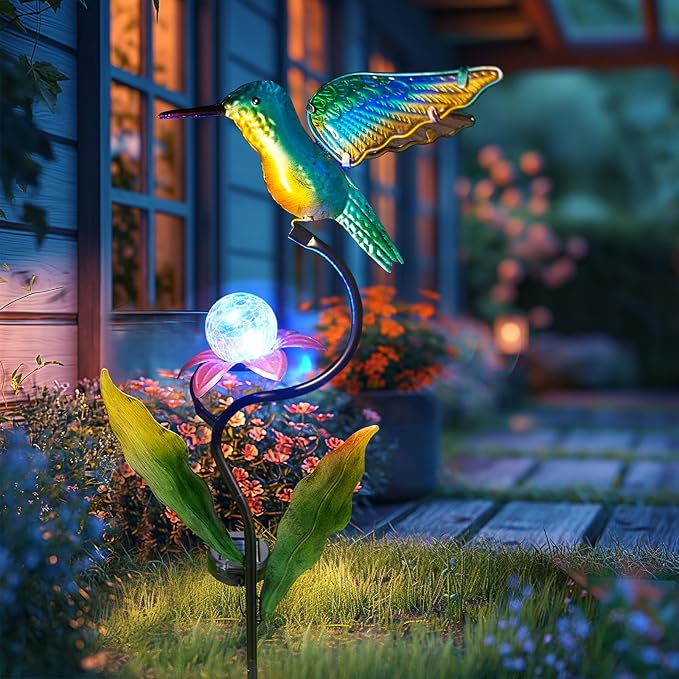 HONGLAND Outdoor Solar Lights for Garden Decor - 46 Inch Hummingbird Solar Lights for Outside, Solar Hummingbird Decorative Garden Stakes for Lawn Patio Yard-VerdiqueGarden