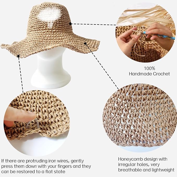 Womens Straw Beach Sun Hats, Foldable Packable Floppy Handmade Crochet Hats for Women,Large Summer Vacation Wide Brim Hat-VerdiqueGarden