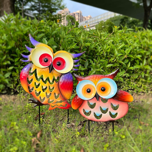 Pack of 2 Metal Fresh Color Owl Garden Statues Silhouette Couple Stakes Decorative Outdoor Animal Sculptures for Yard Décor and Lawn Ornaments-VerdiqueGarden