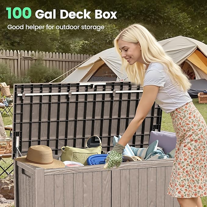 120 Outdoor Storage Box, Waterproof Resin Deck Box for Indoor & Outdoor Use, Lockable Storage Bench with Piston Hinge, Storage Bin for Patio Cushions, Garden Tools, Package Delivery, Grey-VerdiqueGarden