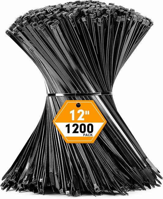 1200pcs Black Cable Zip Ties 12 Inch, Heavy Duty Plastic Nylon Tie Wraps with 50lb Tensile Strength for Indoor & Outdoor-VerdiqueGarden
