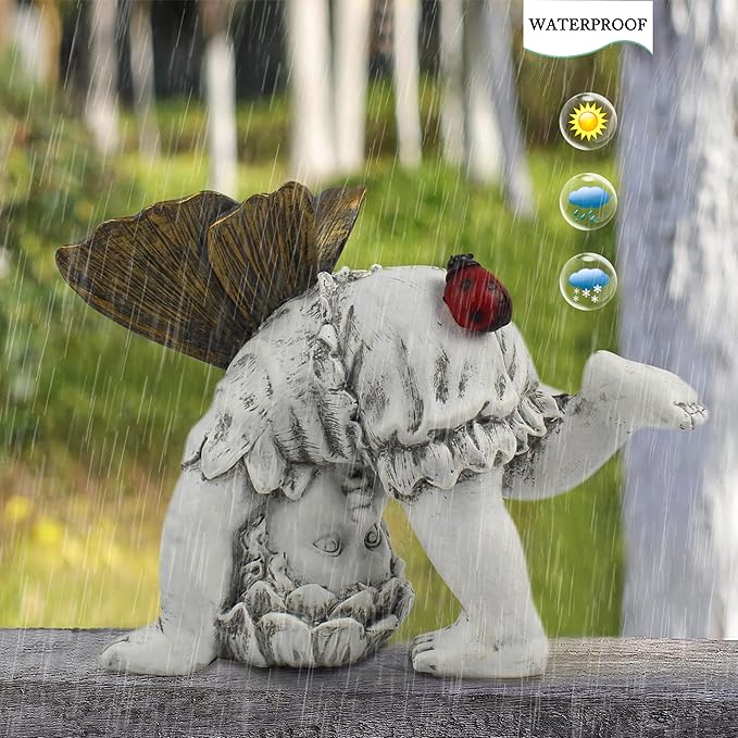 Garden Flower Fairy Outdoor Solar Decor, Resin Ornaments for Patio Lawn Yard Porch, Playful Garden Statue for Outside Angel Gifts, 8.98 Inches Tall-VerdiqueGarden