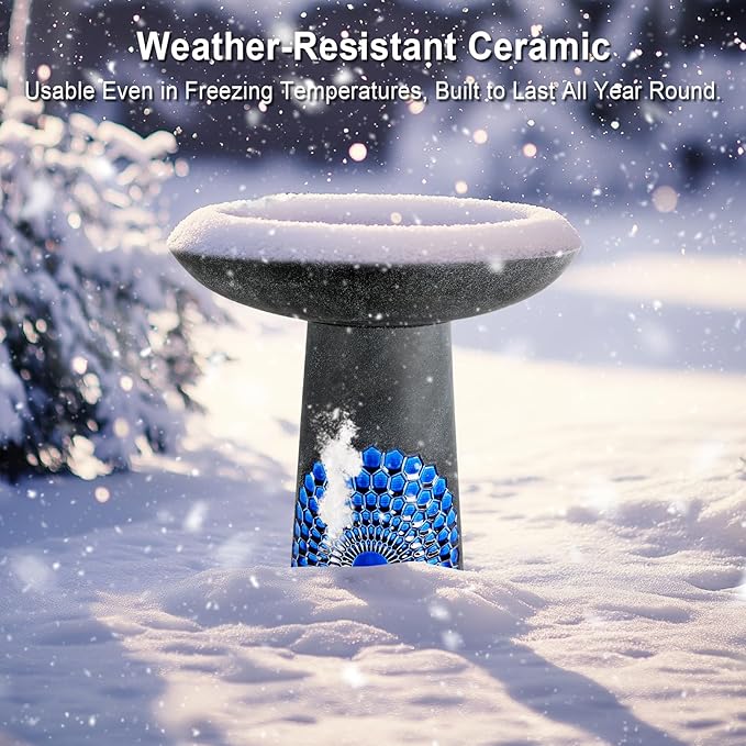 21.5'' Tall Ceramic Bird Bath for Outdoor, Heavy Duty - Cold-Weather Resistant Bird Bath, Garden and Patio Décor - Diamond Blue-VerdiqueGarden