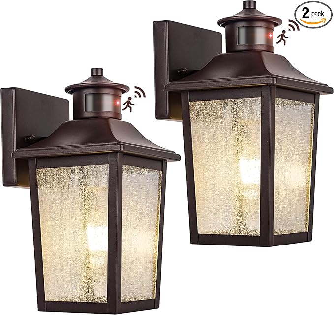 Oil Rubbed Bronze Motion Sensor Outdoor Lights 2 Packs - Waterproof Dusk to Dawn Outdoor Lighting, Brown Exterior Garage Light Fixture, Porch Light Outside Wall Mount for House, Front Door, Anti-Rust-VerdiqueGarden