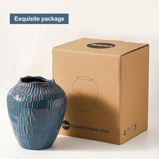 Blue Ceramic Vase for Home Decor,7.8 Inch Flower Vases，Decorative Vase for Pampas Grass，Modern Art Texture Vases for Home Entryway Living Room Dining Table Farmhouse Office Decor- Blue-VerdiqueGarden