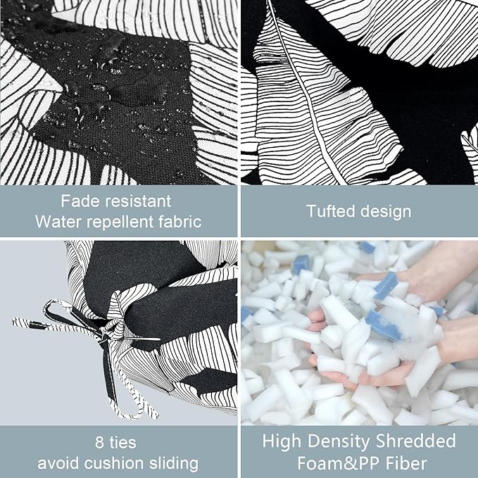 LVTXIII Outdoor Seat/Back Chair Cushion Patio Tufted High Back Cushion, Seasonal Replacement Rocking Chair Cushion with Ties (44” L x 22W”, Set of 2, Black Lush Leaf)-VerdiqueGarden