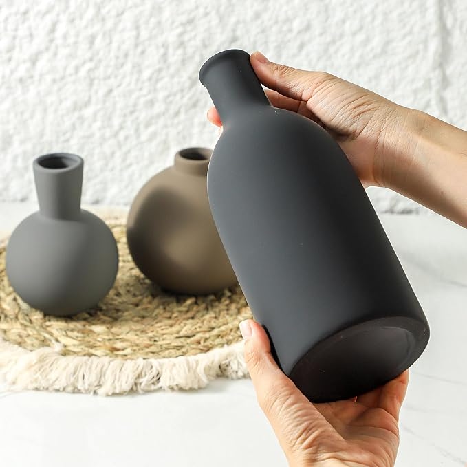 Ceramic Vase Set of 3 | Neutral Vases Home Decor | Modern Flower Pottery Vases Rustic Farmhouse Vase for Table Entryway Mantel Centerpiece Bookshelf Living Room Bathroom Bedroom -Multicolor Large-VerdiqueGarden