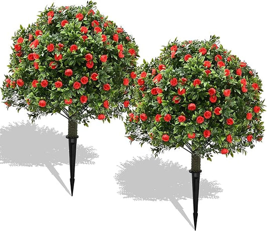 28" Artificial Boxwood Topiary Tree with Rose, Set of 2 Artificial Shrub Bushes with Ground Spike, Fake Evergreen Tree for Porch, Artificial Plants for Outdoor Planters Indoor UV Resistant-VerdiqueGarden